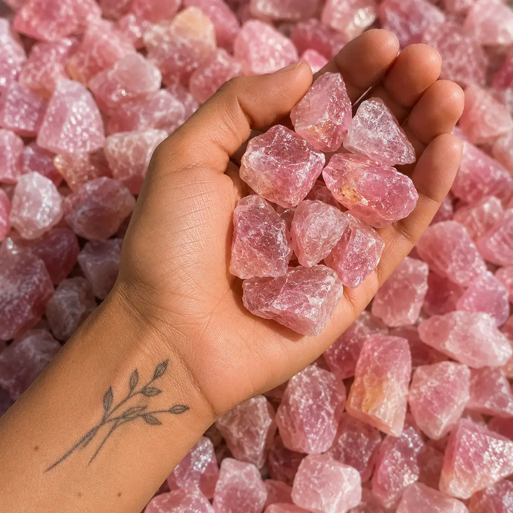 Pulsera Cuarzo Rosa – amor y equilibrio emocional en IMILLA. Minerales naturales y piezas con intención para amor propio, cuidado personal y conexión diaria.