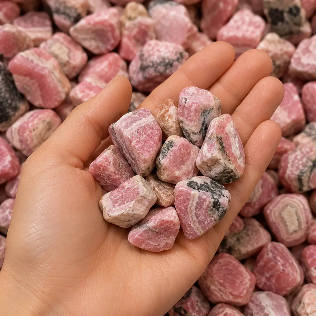 La pulsera rodocrosita de Imilla está elaborada con rodocrosita natural auténtica, en bolas de mineral con bandas rosas y blancas únicas, ensartadas en hilo elástico. Esta pulsera de rodocrosita natural es la pieza del amor propio y la sanación emocional en la muñeca.