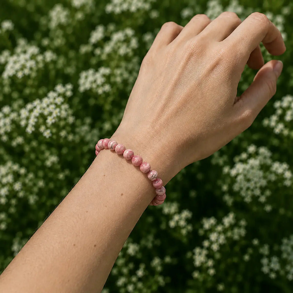 La pulsera rodocrosita de Imilla está elaborada con rodocrosita natural auténtica, en bolas de mineral con bandas rosas y blancas únicas, ensartadas en hilo elástico. Esta pulsera de rodocrosita natural es la pieza del amor propio y la sanación emocional en la muñeca.