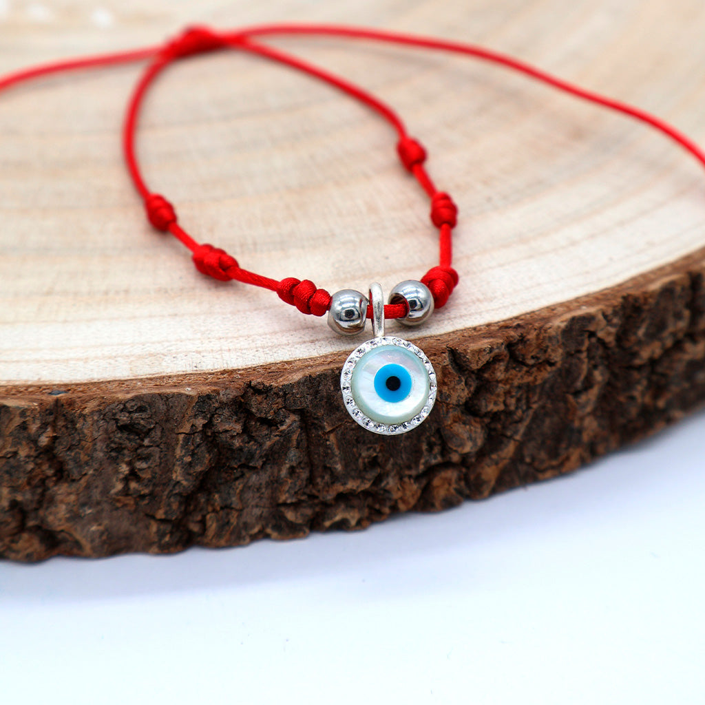 Pulsera roja ojo turco brillantes 7 nudos - Protección y mal de ojo
